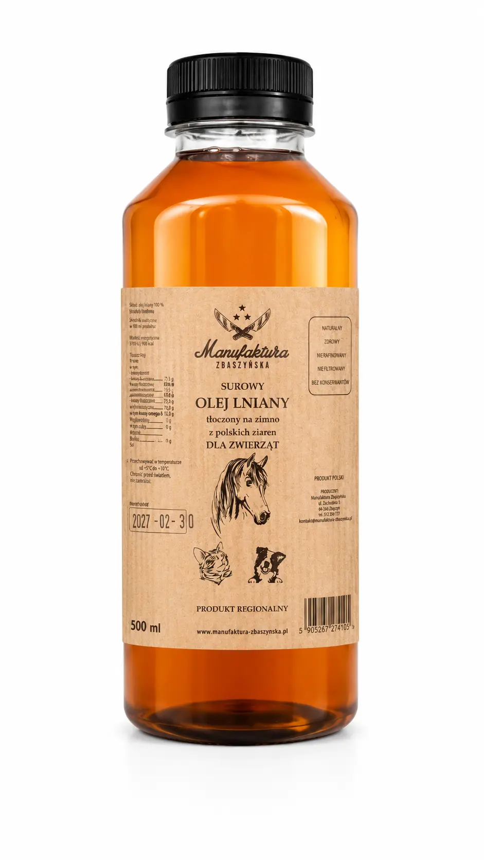 OLEJ LNIANY DLA ZWIERZĄT Manufaktura-Zbąszyńska 500ml