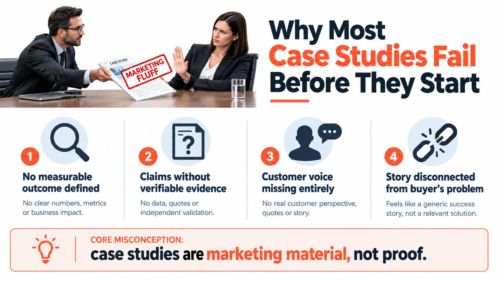A professional infographic titled Why Most Case Studies Fail, illustrating four common pitfalls with business case studies.