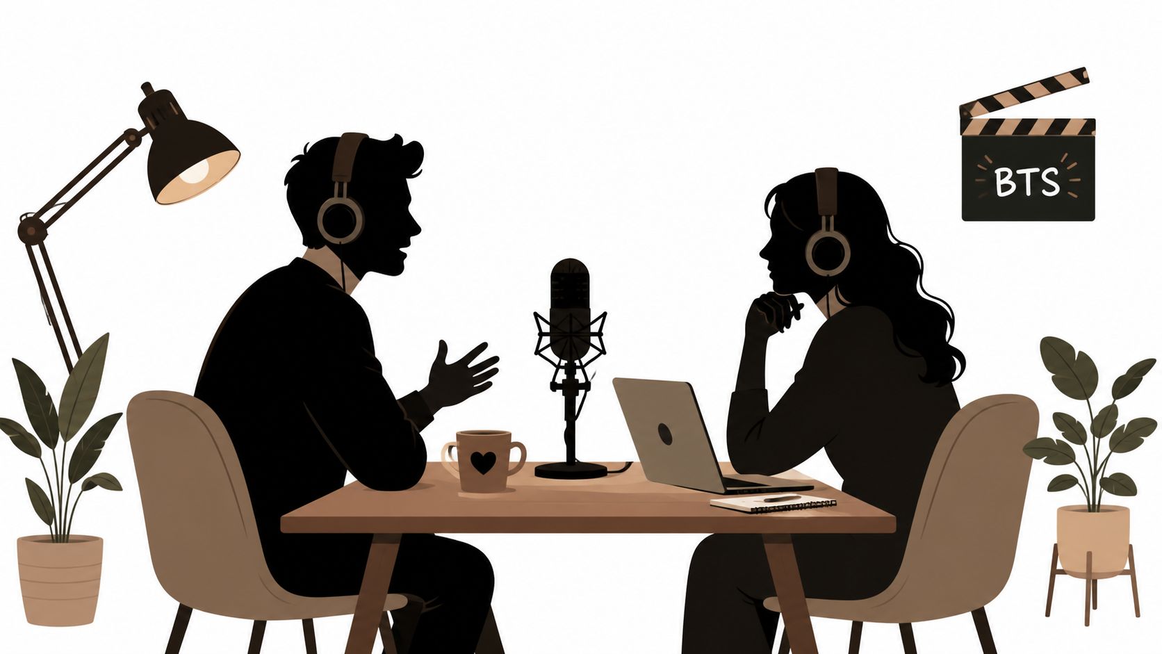 A minimalist illustration of a man and a woman sitting at a table recording a professional podcast.