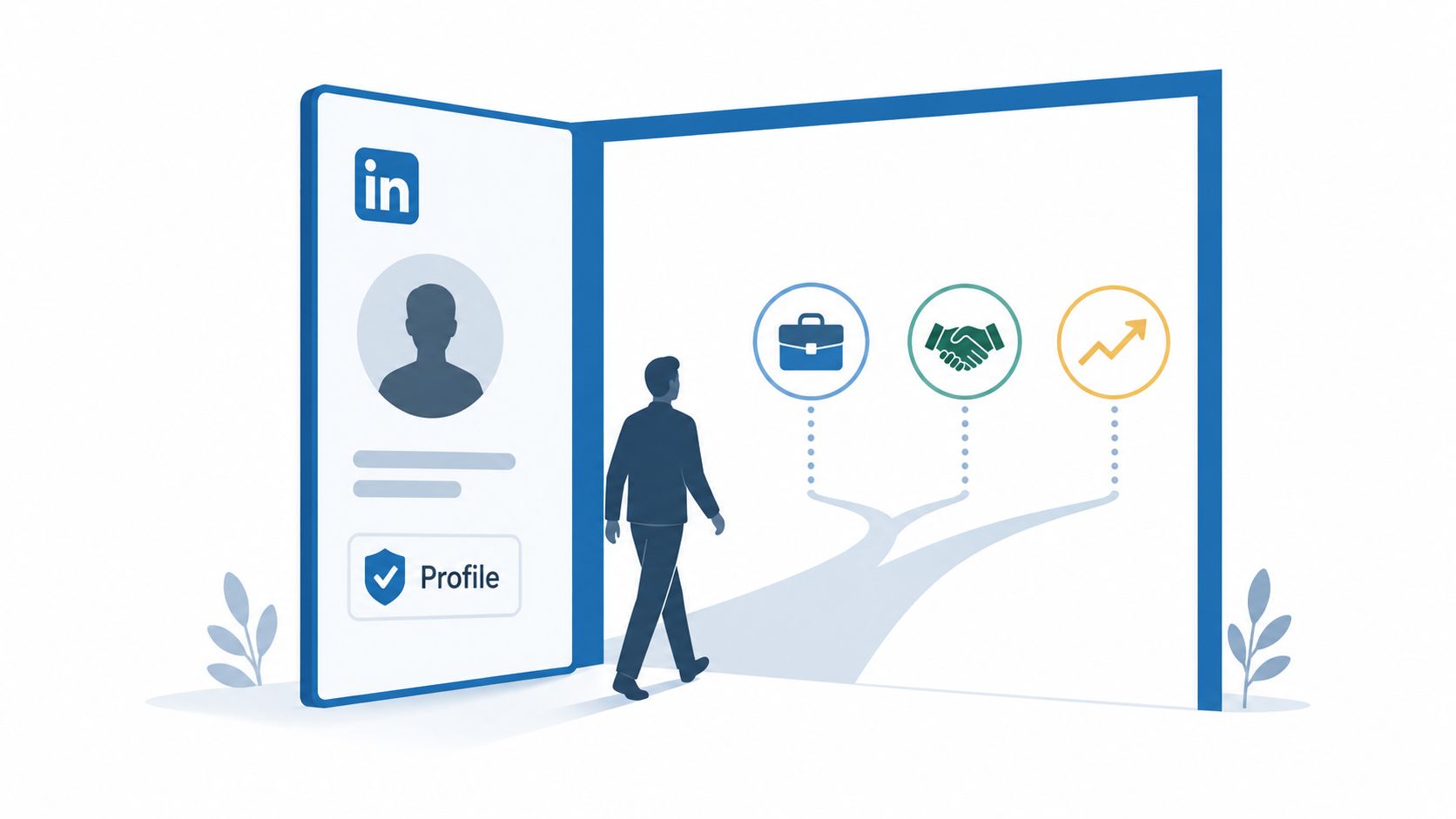 A professional walking through a LinkedIn portal toward career, networking, and growth opportunities icon options.