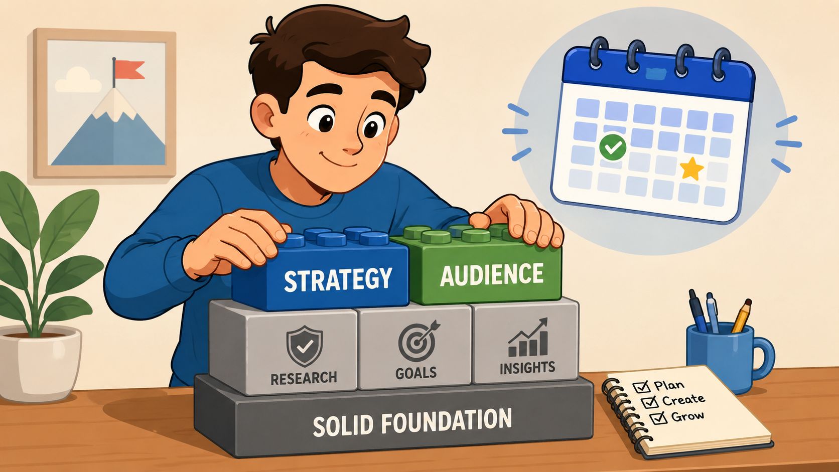 An illustration of a person building a social media marketing foundation with strategy and audience planning blocks.