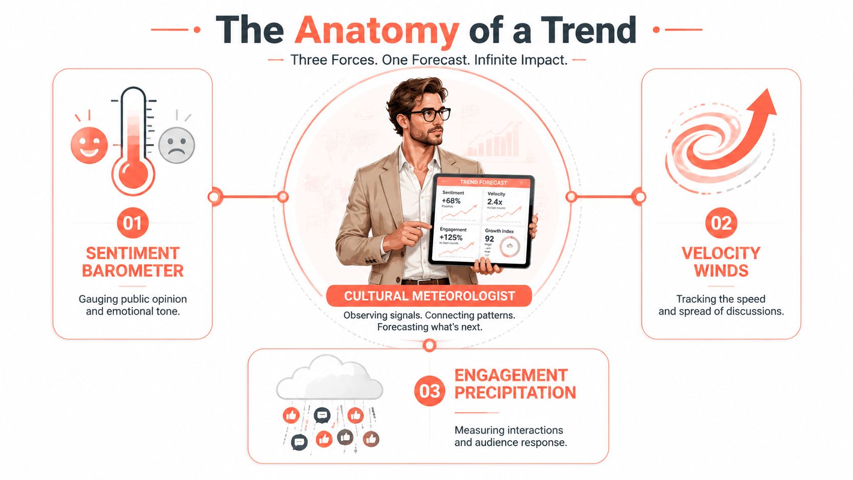 An infographic titled The Anatomy of a Trend illustrating the three forces of trend analysis: sentiment, velocity, and engagement.