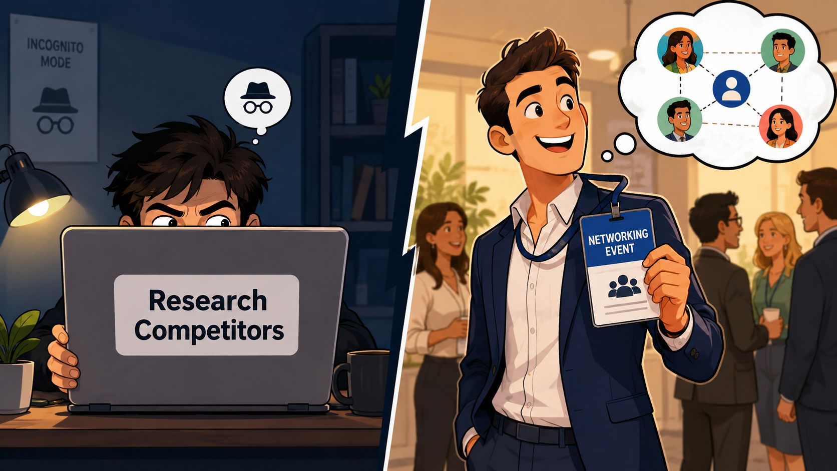 A split screen comparing anonymous online competitor research versus active face-to-face professional networking event interaction.