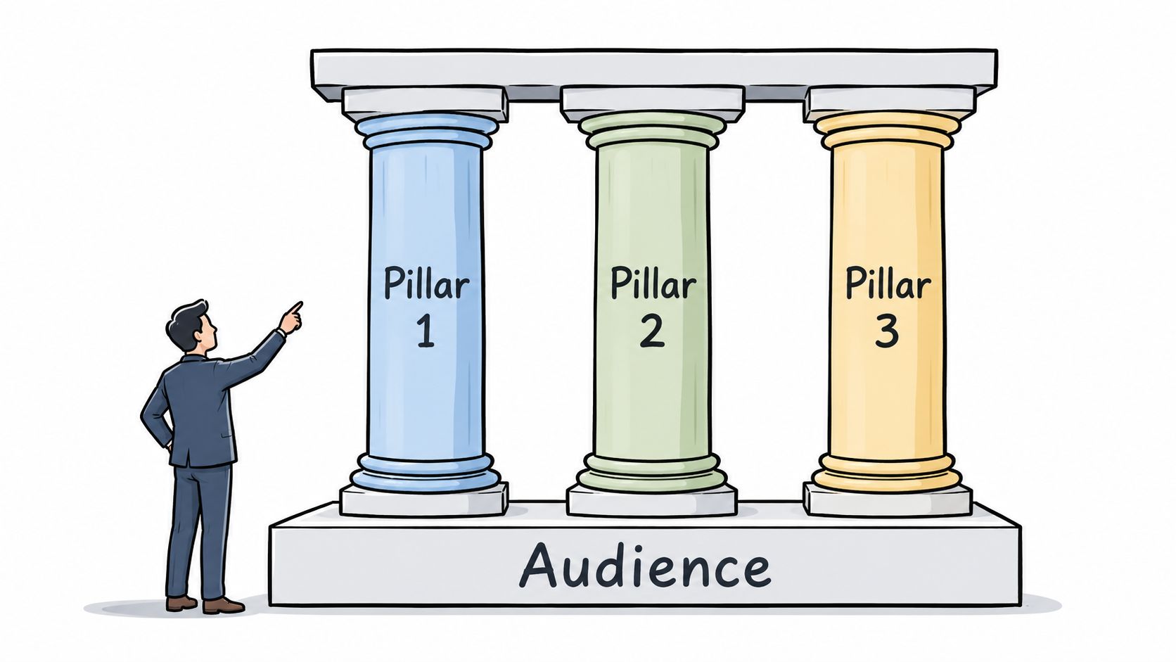 A professional consultant pointing at three pillars representing foundational elements of a content marketing strategy.
