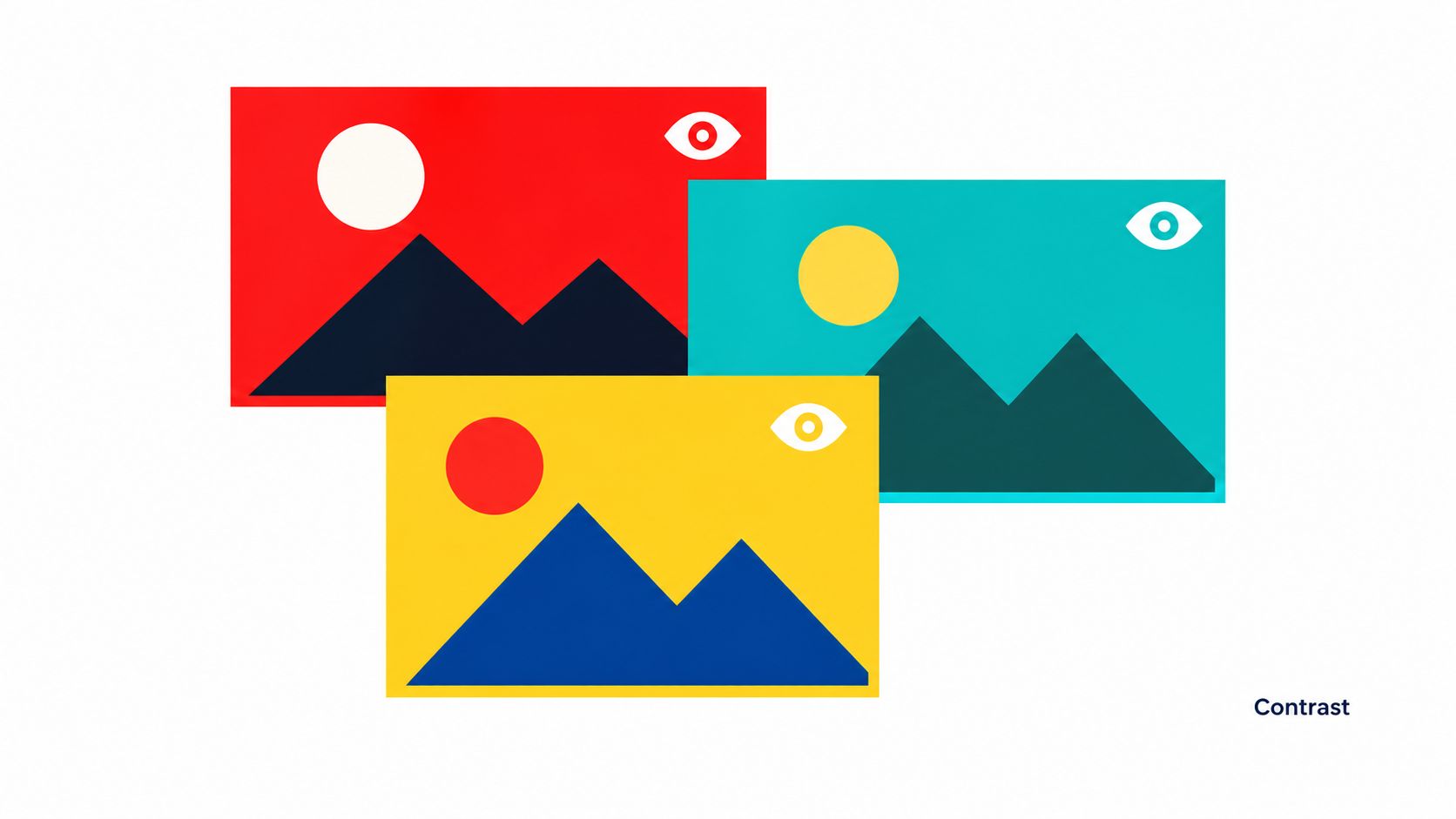 Three stylized graphic icons of images with mountains and suns, illustrating the concept of visual contrast.