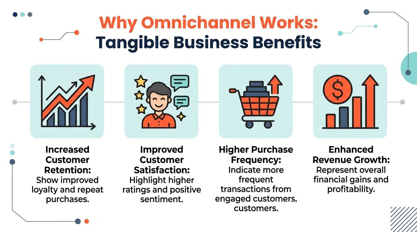 An infographic showing four tangible business benefits of omnichannel strategy: customer retention, satisfaction, frequency, and revenue growth.
