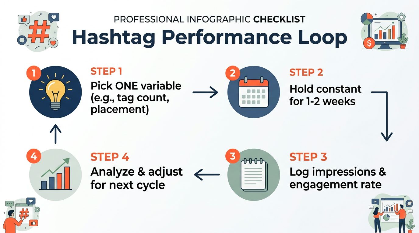 A four-step professional infographic checklist for testing and optimizing hashtag performance on social media platforms.