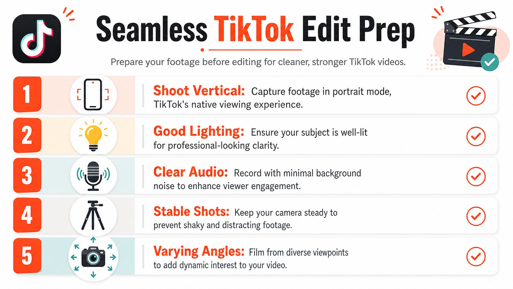 An infographic showing five essential tips to prepare high-quality footage before editing a TikTok video.