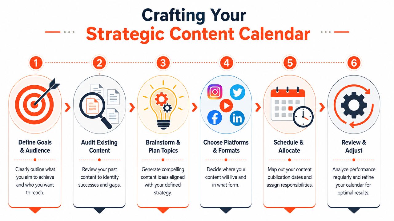 A six-step infographic guide for crafting a strategic content calendar for social media and marketing.