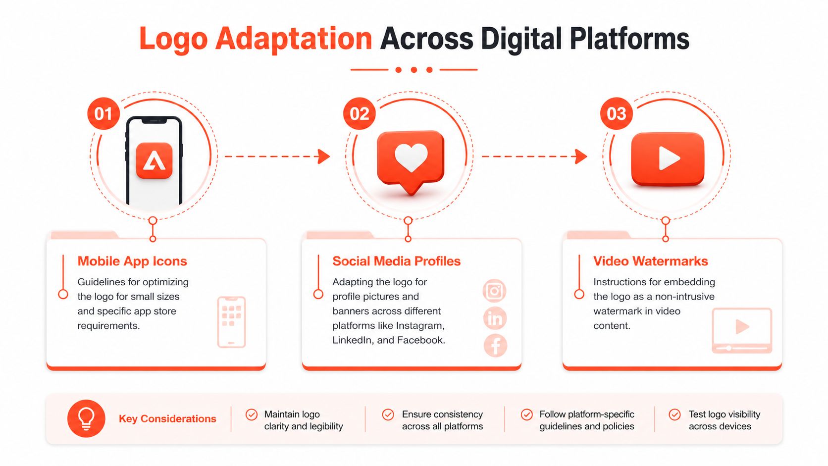 A diagram illustrating logo adaptation guidelines for mobile app icons, social media profiles, and video watermarks.
