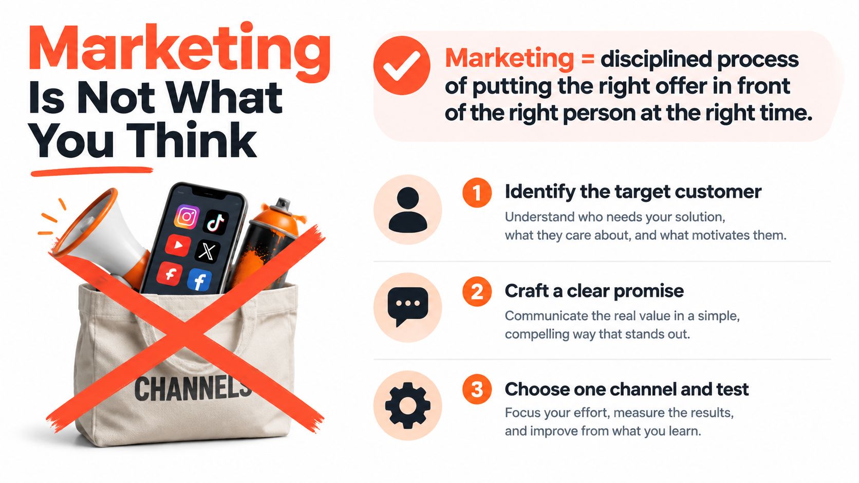 An infographic titled Marketing Is Not What You Think, outlining a three-step strategic marketing process.