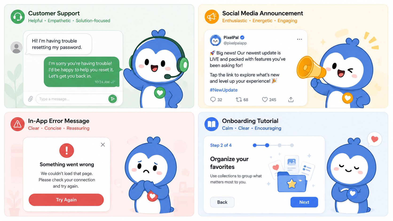 Four graphical examples illustrating different brand voice and tone scenarios using a cute blue cartoon mascot.