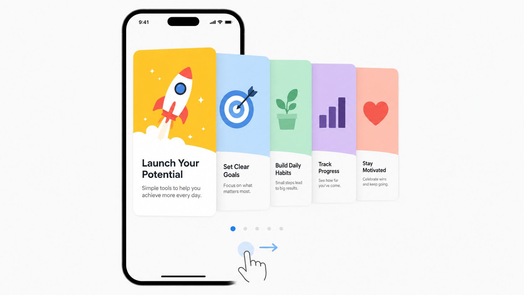 A smartphone interface showing an onboarding screen with five colorful cards explaining app features for productivity.