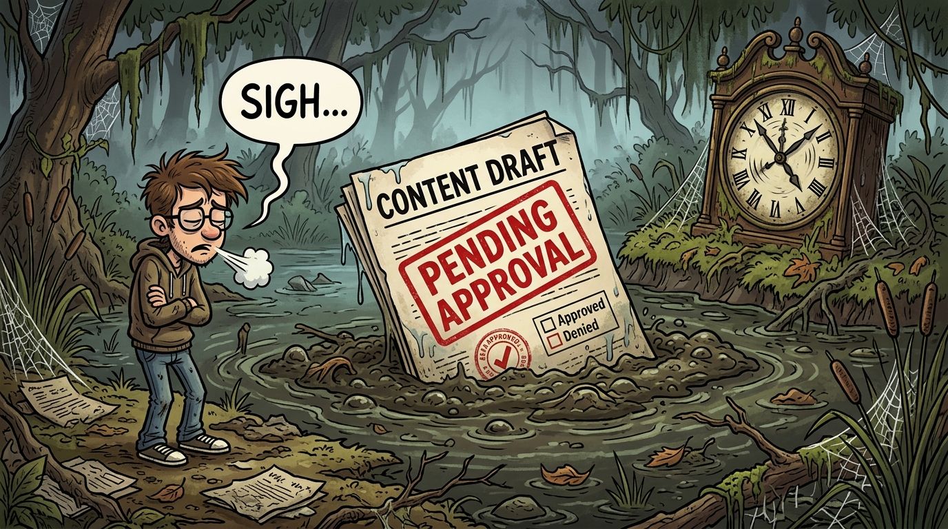 A frustrated person stands in a swampy forest next to a large document labeled pending approval.
