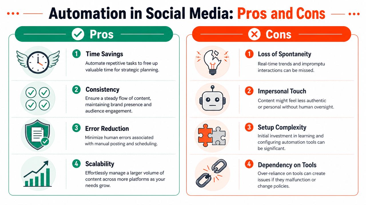 A comparison infographic showing the pros and cons of using social media automation tools for businesses.