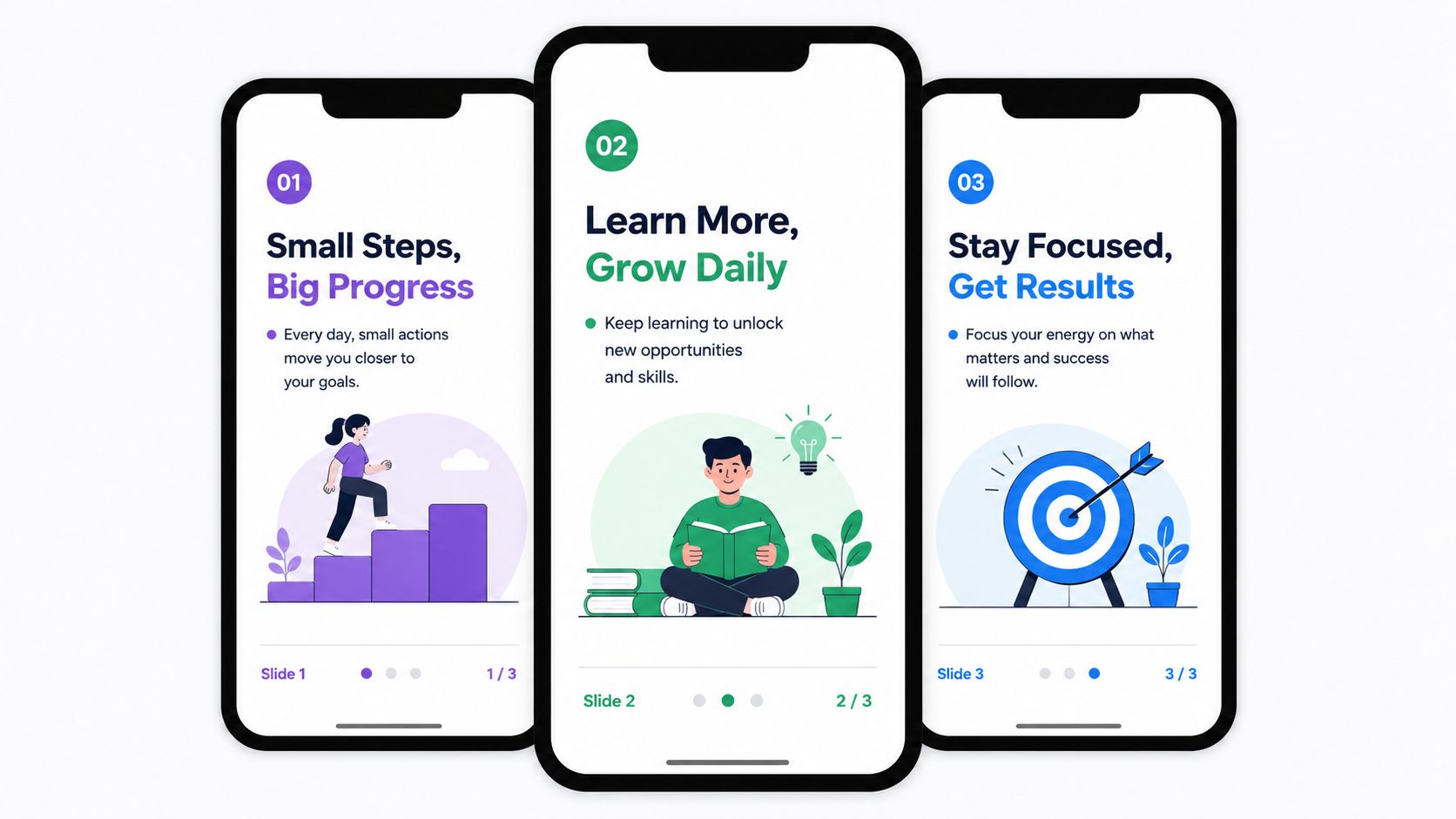Three mobile app onboarding screens showing steps for personal development, learning, and goal achievement through colorful illustrations.