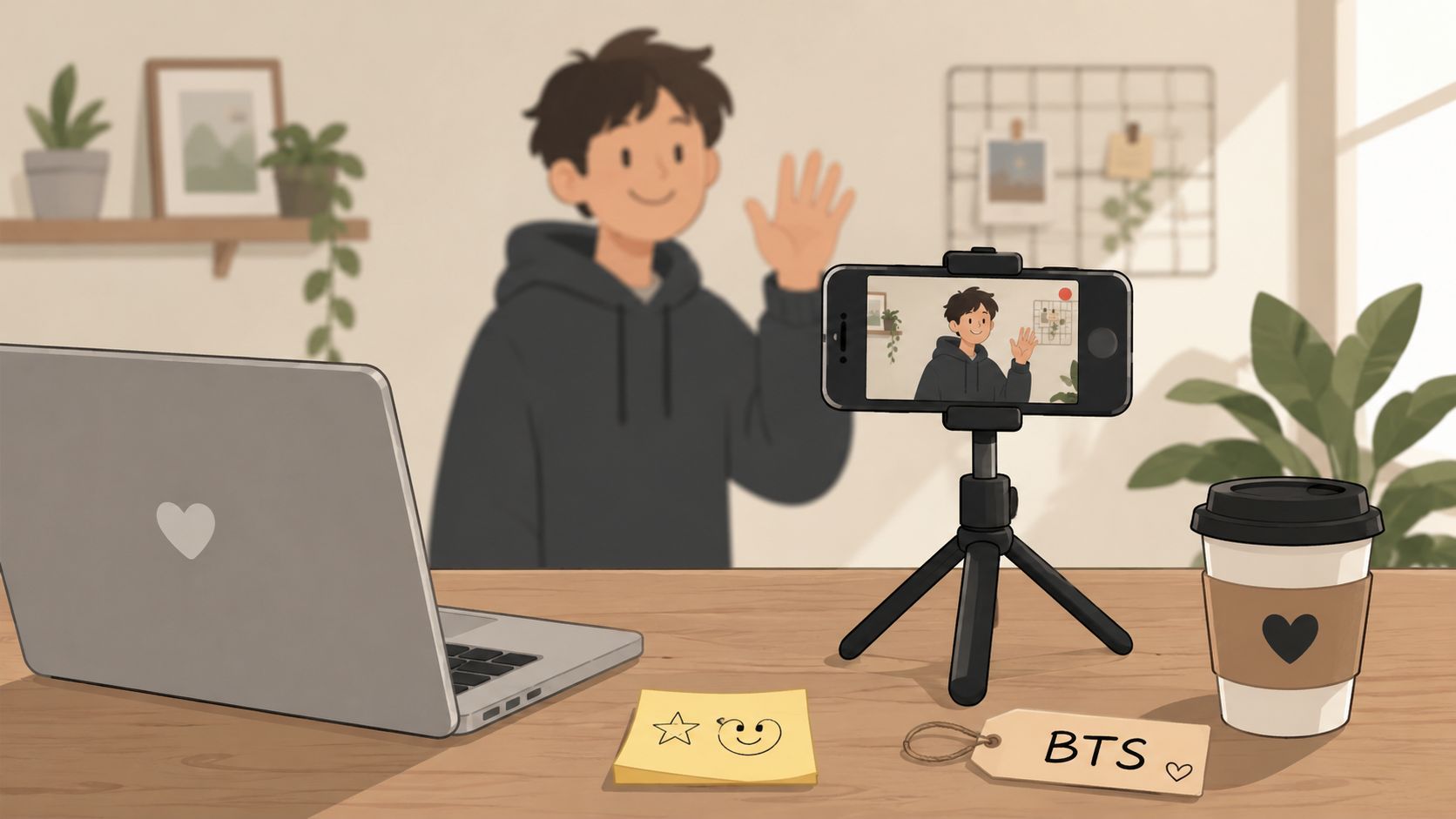 A young man recording a video for social media in his cozy desk workspace at home.