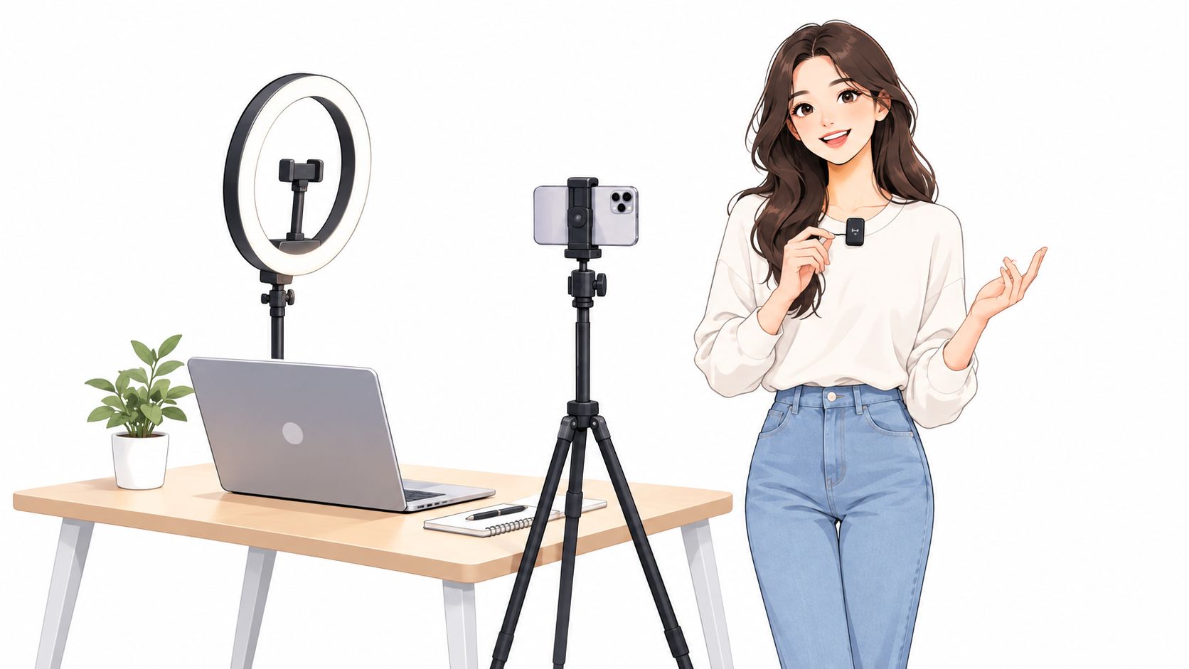 A young woman standing in a home office studio, preparing to record short videos with equipment.
