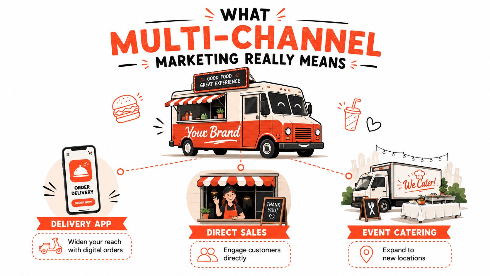 A graphic illustration explaining multi-channel marketing through food trucks, delivery apps, direct sales, and catering services.