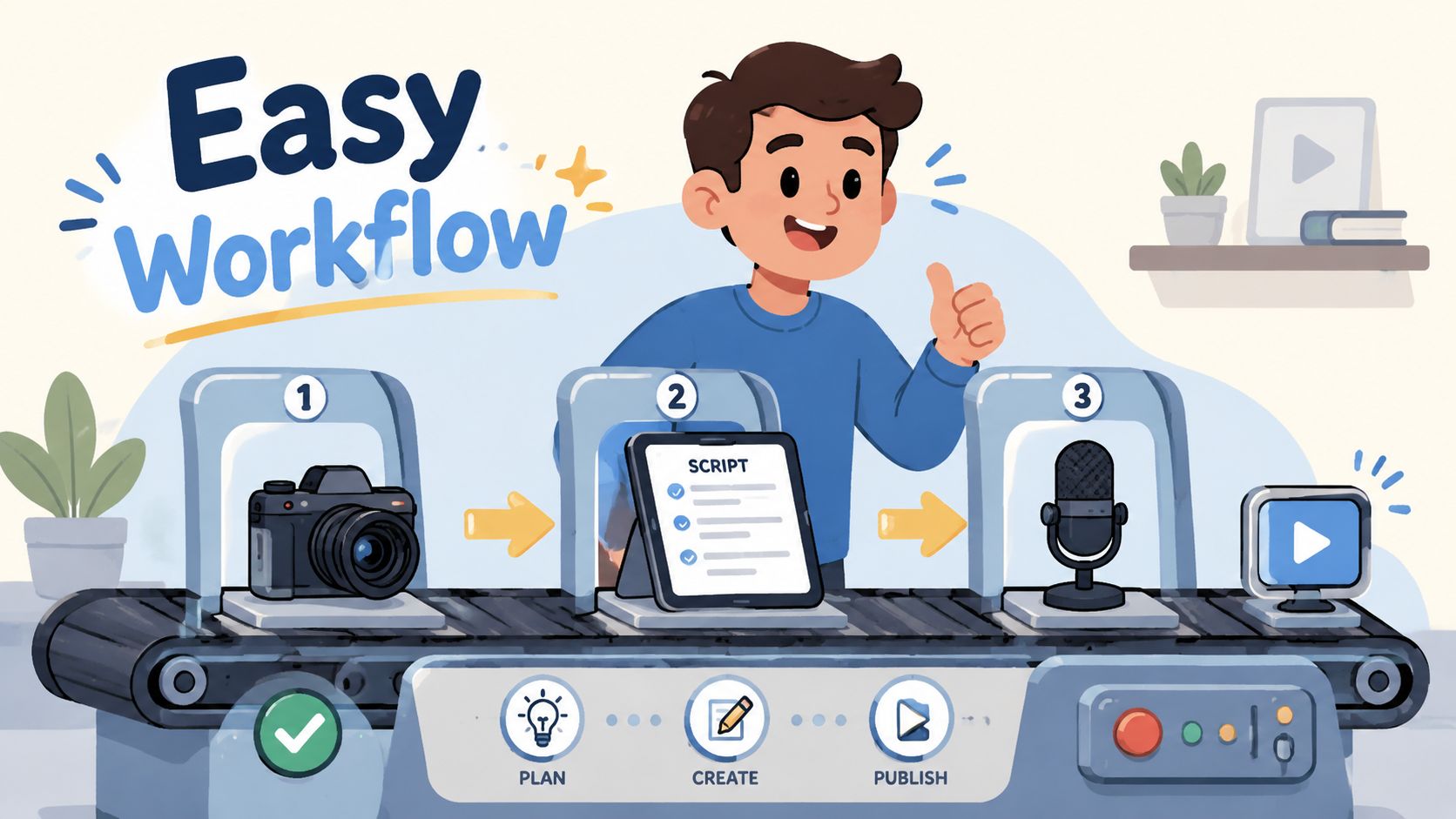 A cartoon illustration showing an easy three-step video workflow process for content creators with a conveyor belt.