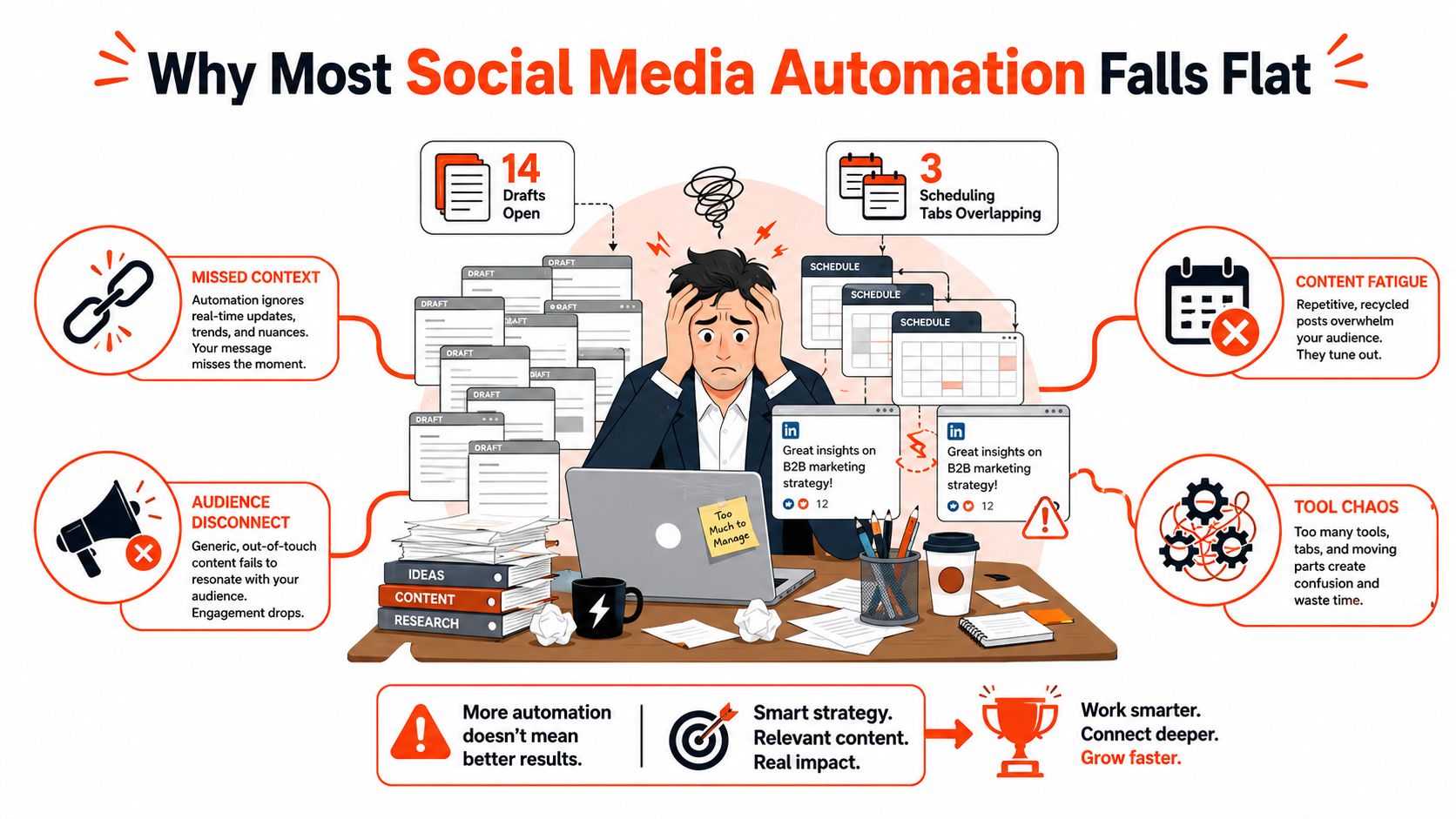 A stressed marketing professional sits at a desk overwhelmed by too many social media automation tasks and tabs.