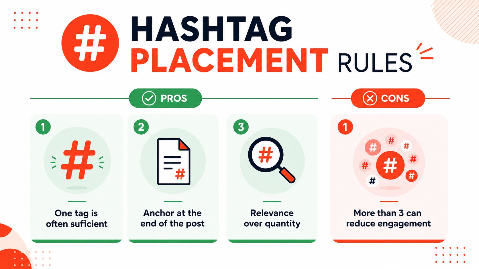 An infographic titled Hashtag Placement Rules showing three pros and one con for using social media hashtags.