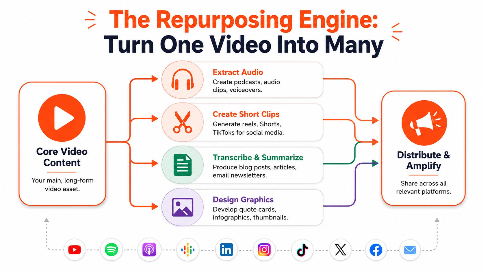 A diagram illustrating a video content strategy that turns a long-form video into multiple formats for distribution.