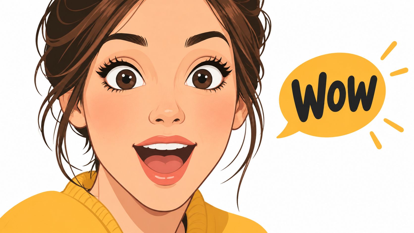 A surprised young woman with brown hair and a yellow sweater exclaiming wow in a speech bubble.