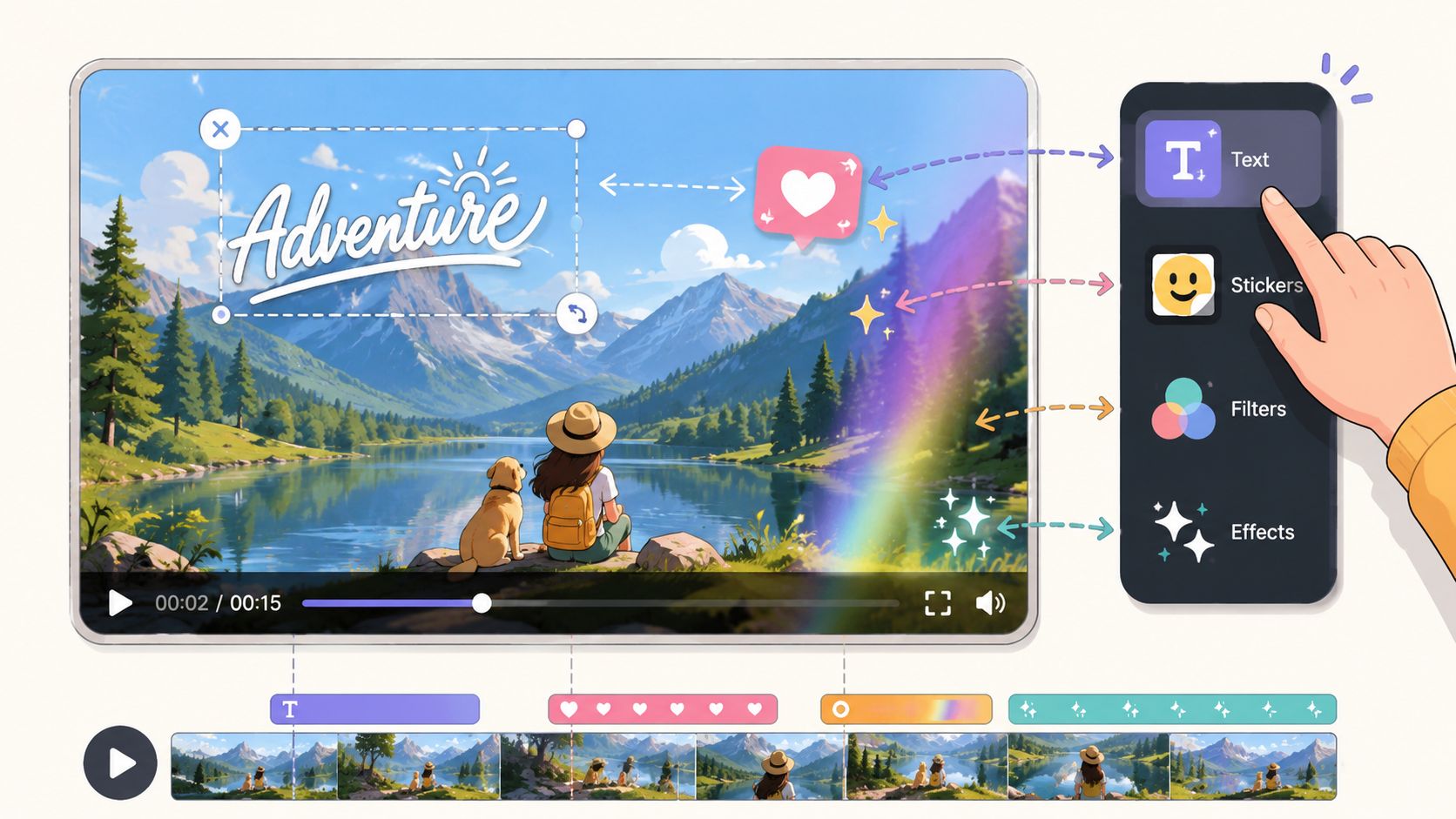 A digital interface illustrating how to edit a TikTok video using text, stickers, filters, and effects.