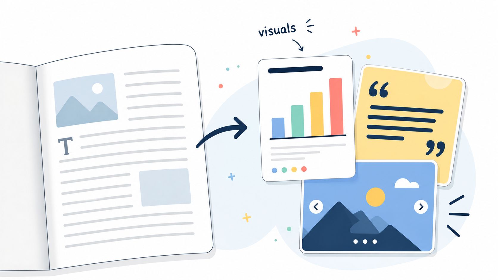 An illustration showing a book page being converted into various visual content formats like charts and images.