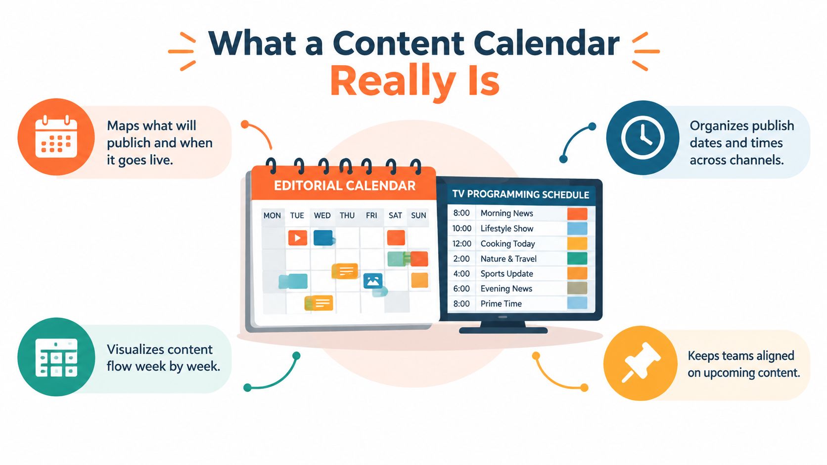 An infographic titled What a Content Calendar Really Is, illustrating how it organizes content and aligns teams.
