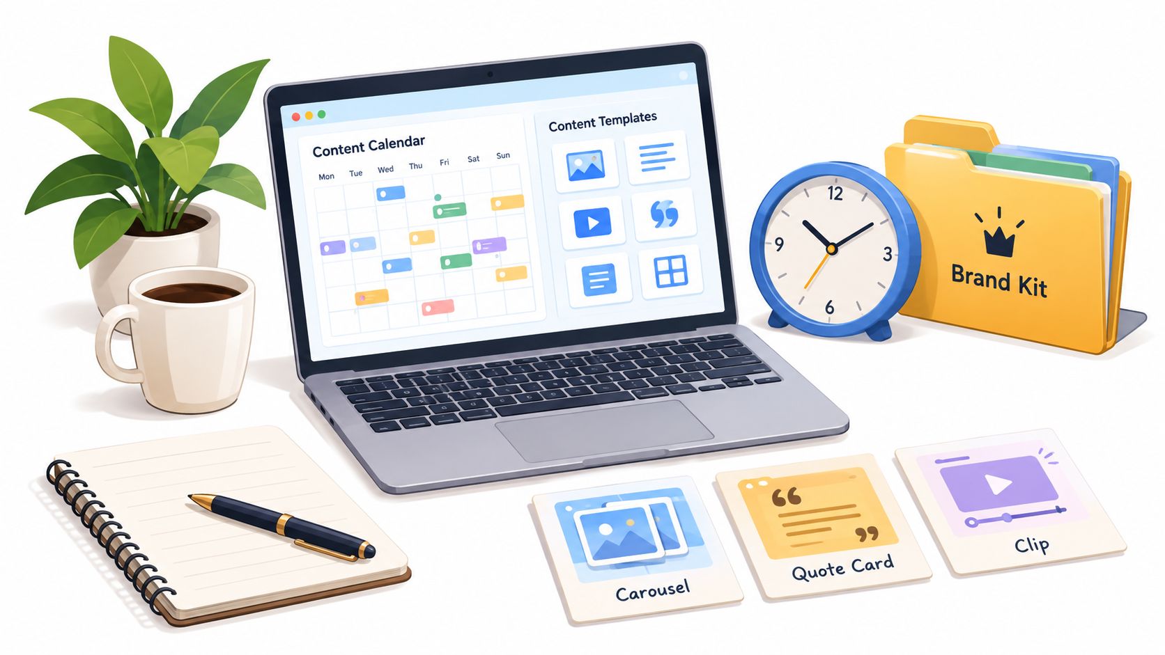 A modern creative workspace featuring a laptop, notebook, pen, content calendar, brand kit folder, and social media templates.