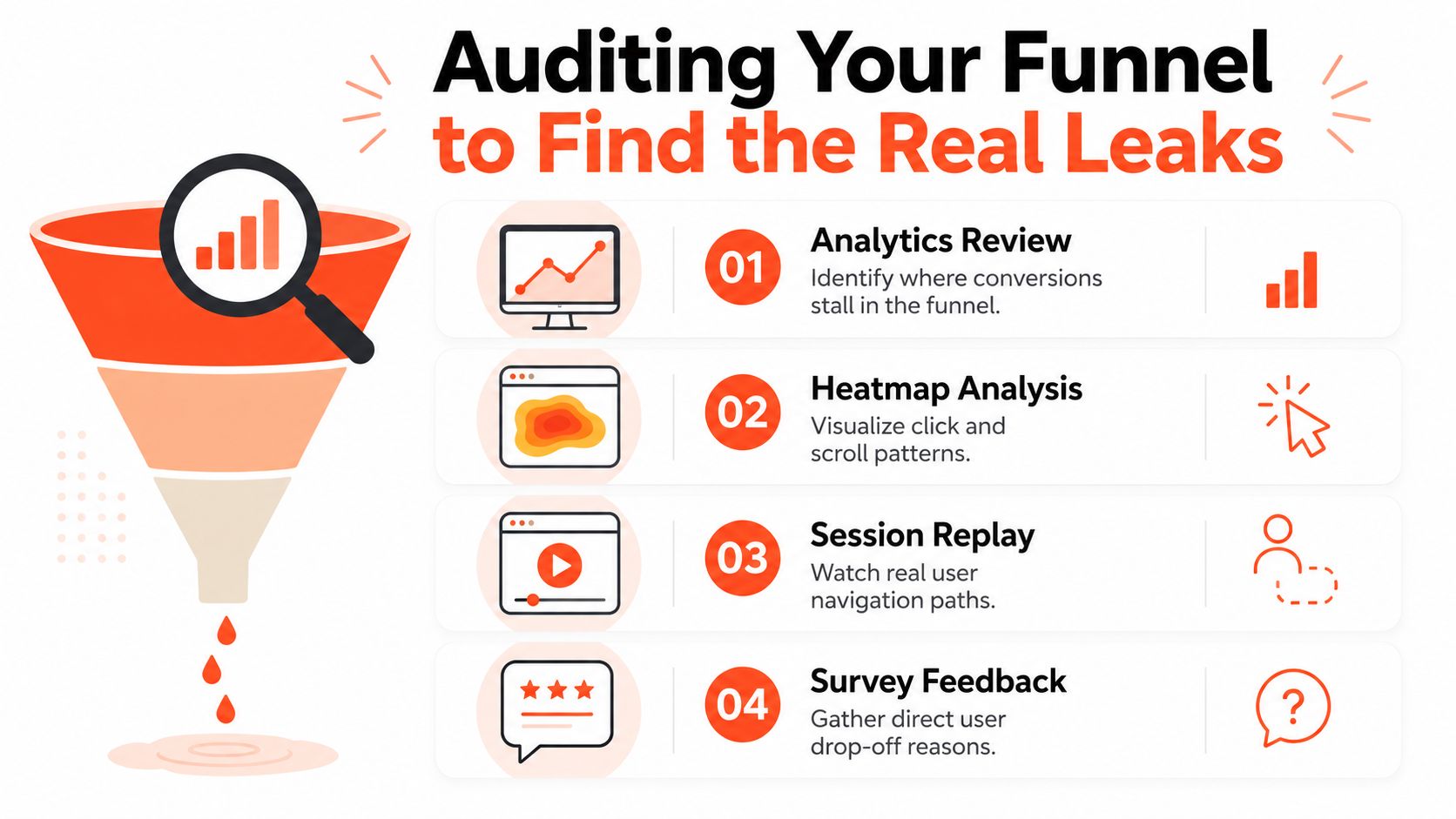 A visual guide on auditing a marketing funnel to identify and fix conversion rate leaks efficiently.