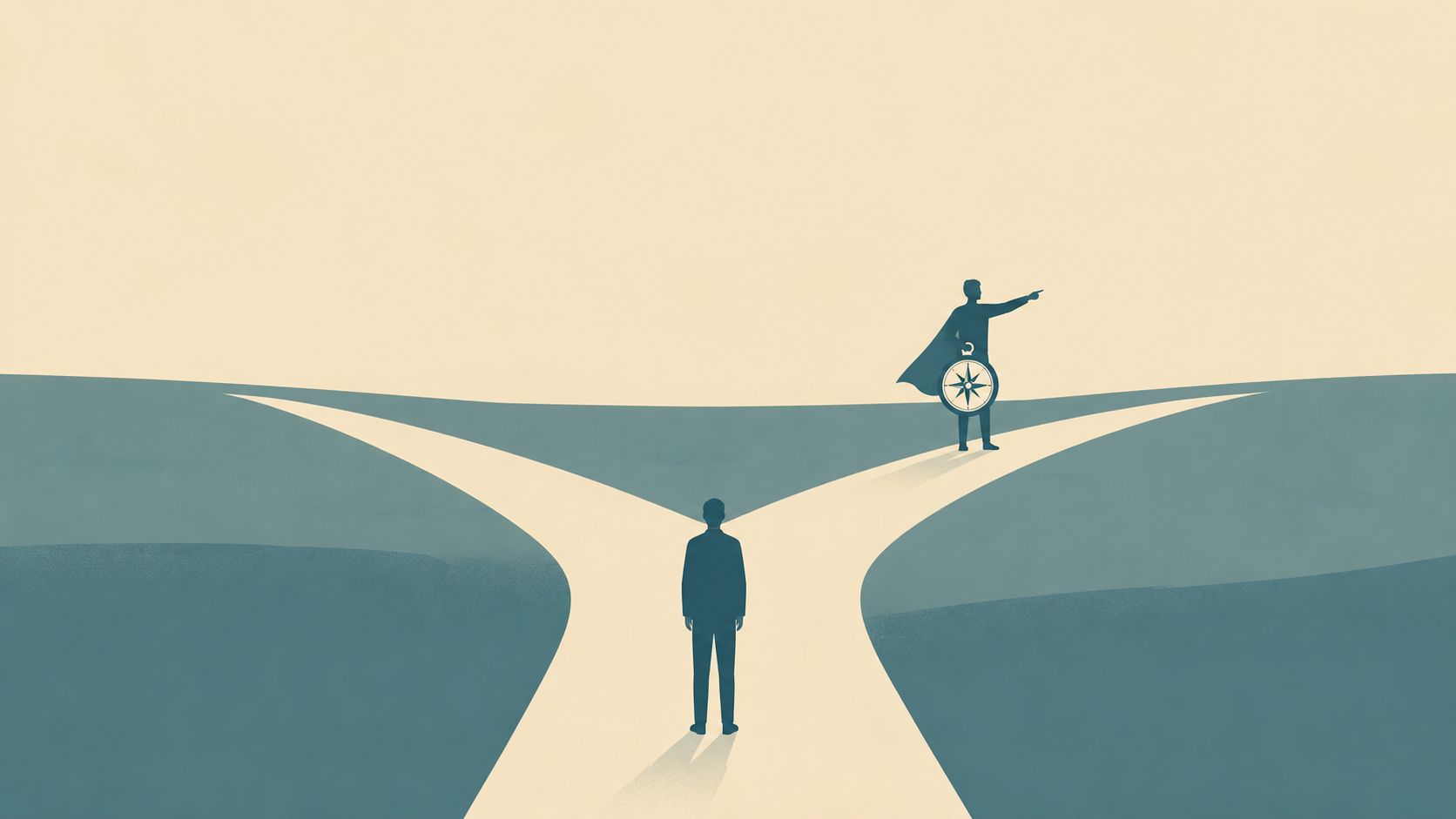 A businessman standing at a fork in the road guided by a caped hero holding a compass.