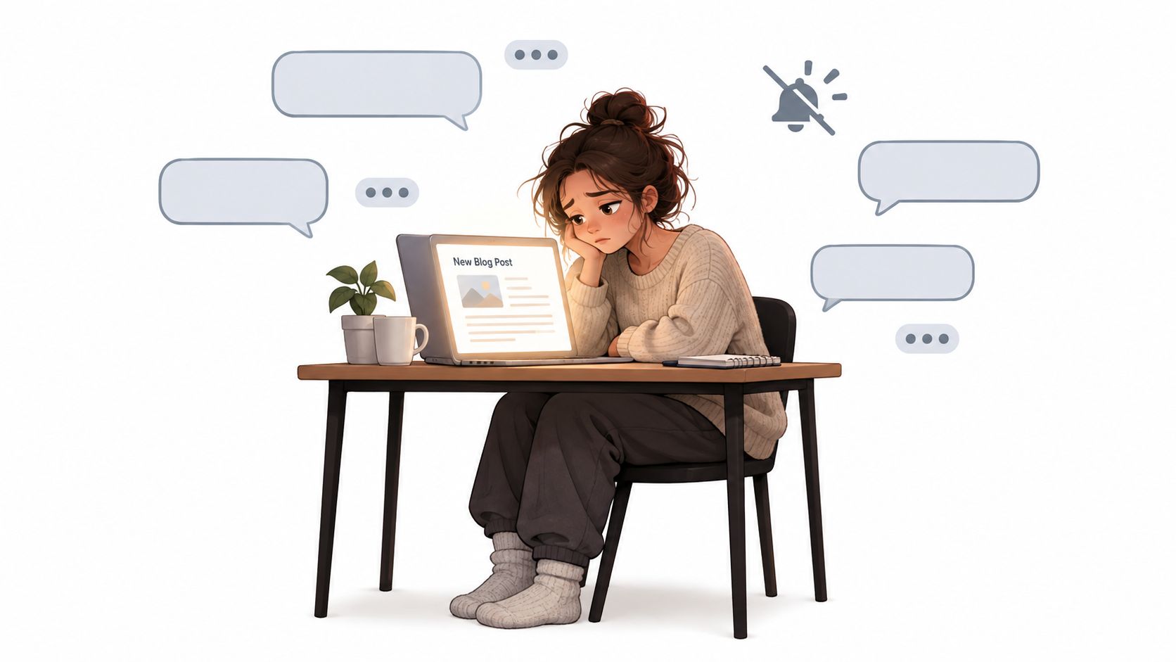 A tired young woman sitting at a desk with a laptop, feeling overwhelmed by social media notifications.