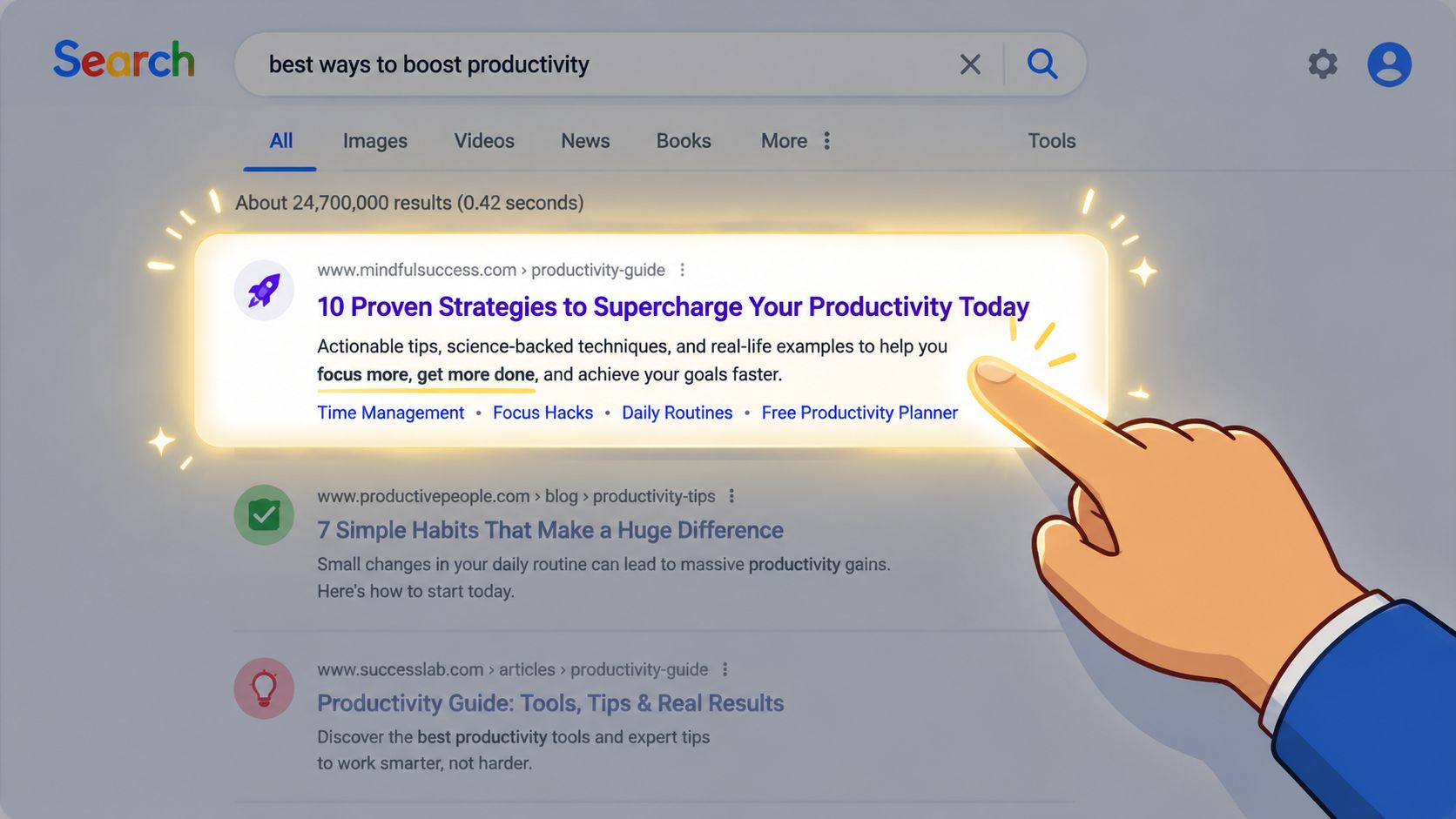 A hand points to a search engine result for productivity strategies on a digital interface.