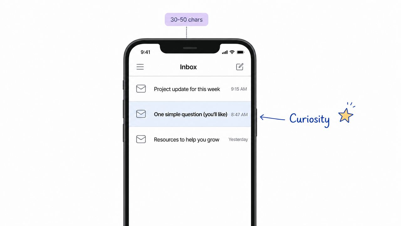 A smartphone display showing an email inbox list with a curiosity-driven email subject line highlighted.