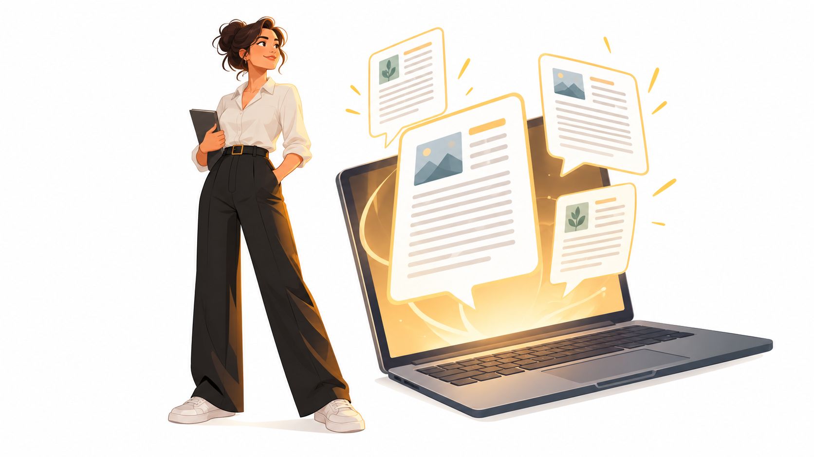 A professional woman stands next to a glowing laptop with various digital documents and content bubbles floating above.
