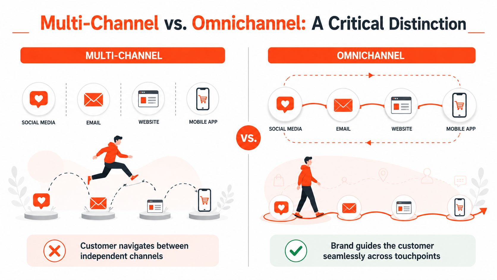 An infographic comparing the differences between multi-channel and omnichannel strategies for customer engagement and brand experience.