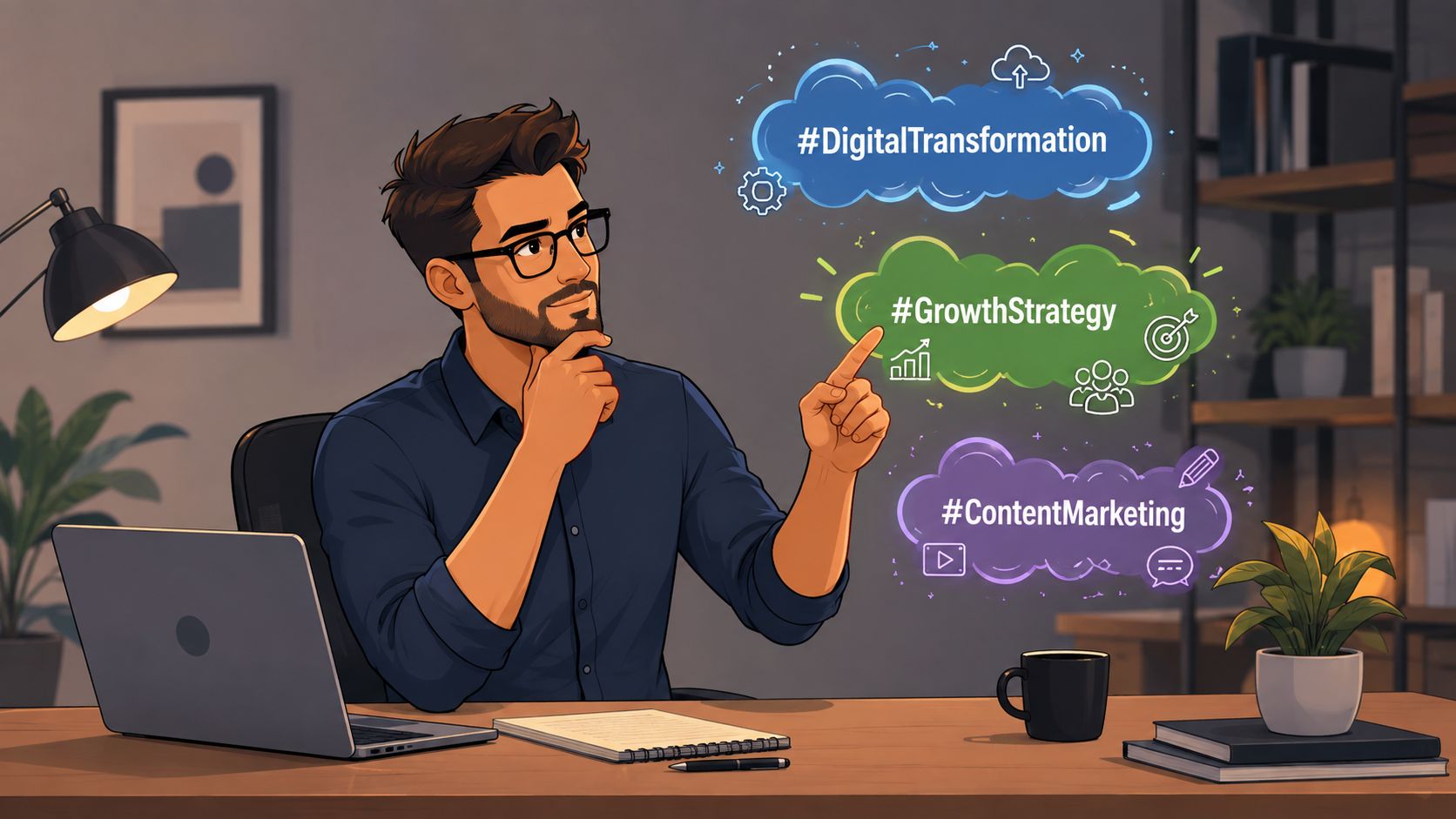 A professional man sitting at his desk thinking about LinkedIn digital marketing and growth strategy hashtags.