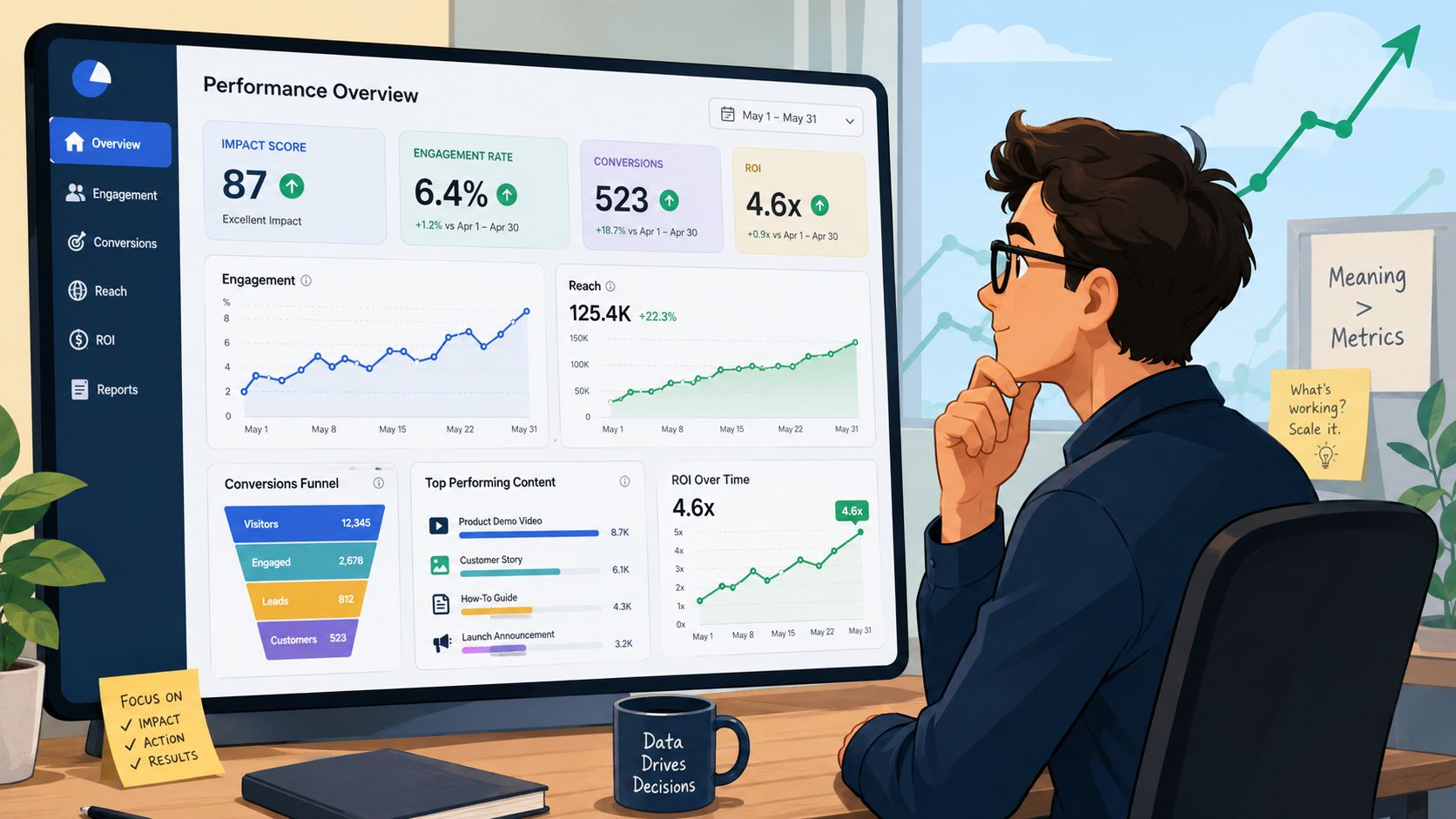 A professional analyzing performance analytics on a large computer screen in a modern workspace.