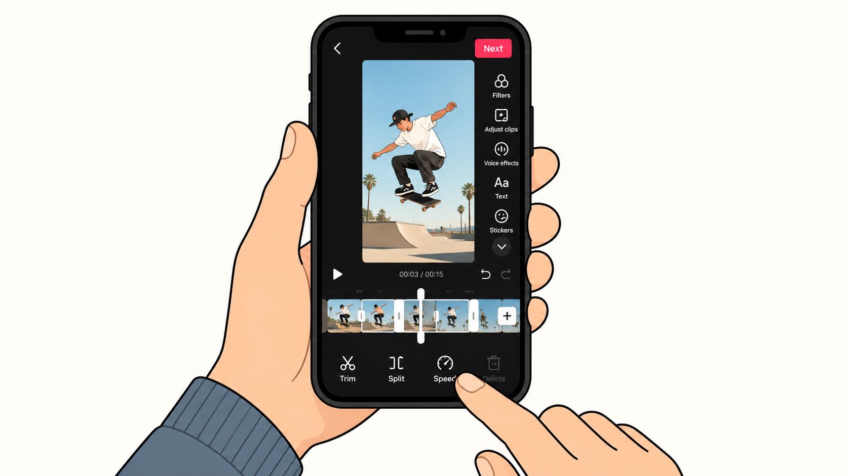 A smartphone held in hands, displaying a video editing application interface for customizing tiktok clips.