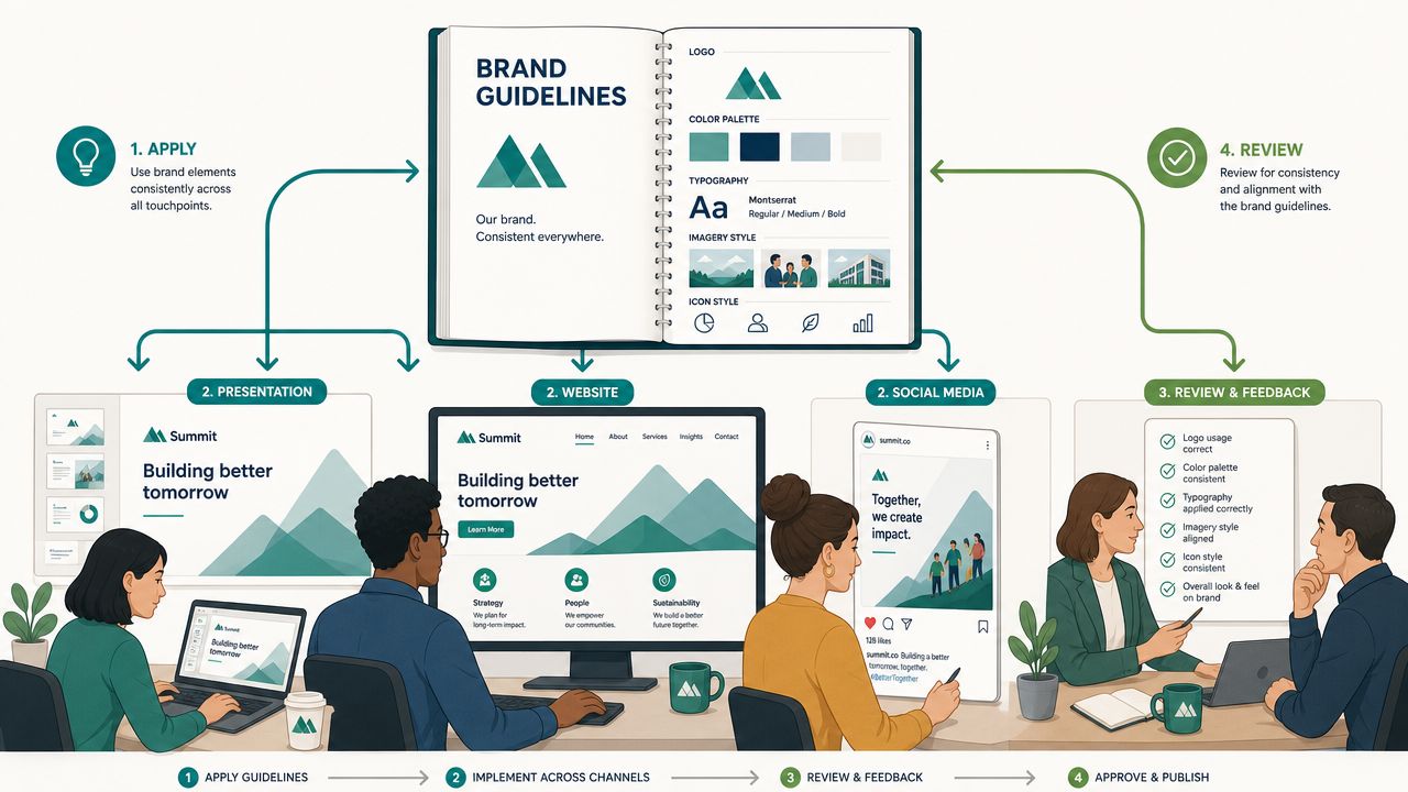 A diagram illustrating a four-step brand guideline process from application to review and final approval.