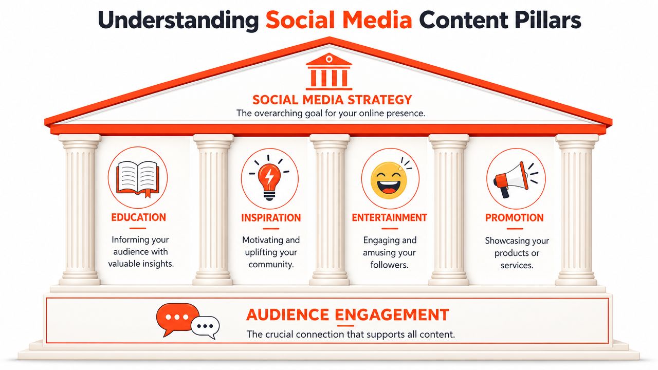 An infographic showing four pillars of social media content: education, inspiration, entertainment, and promotion.