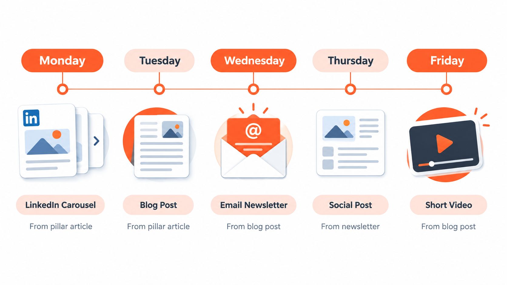 A weekly content marketing schedule showing how to repurpose a single pillar article into five different formats.