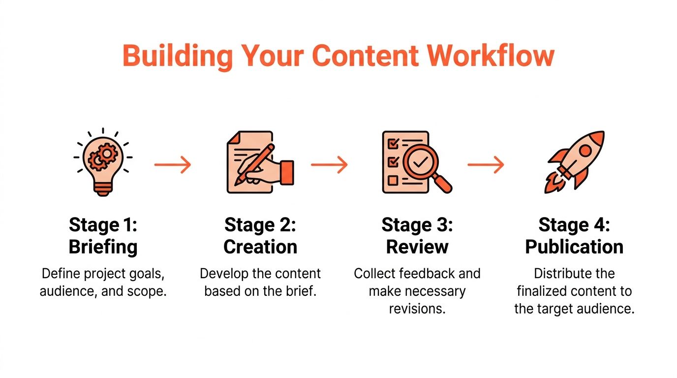 A four-stage diagram illustrating the content workflow process from briefing to final publication.
