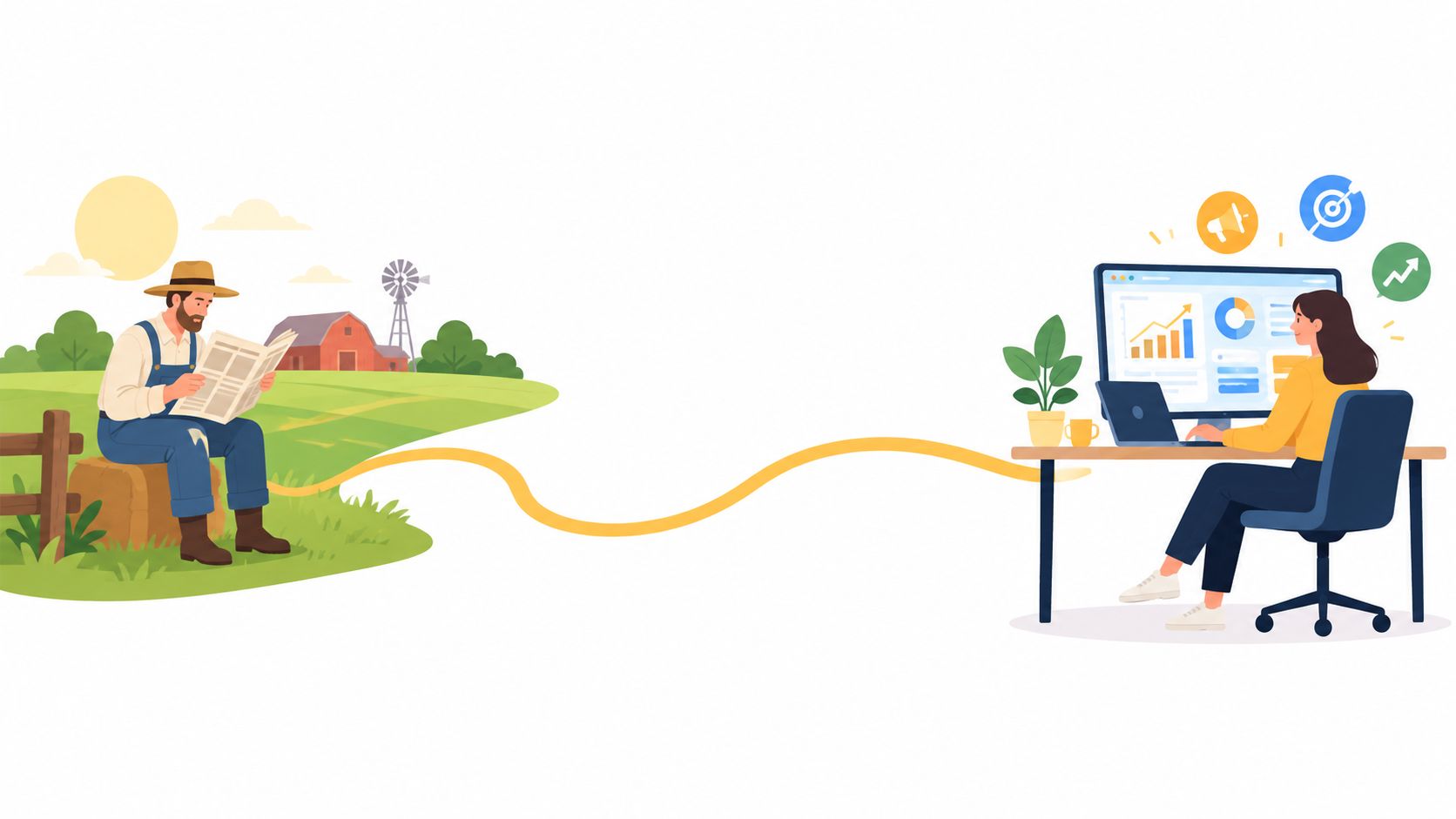 A split illustration showing a farmer reading a newspaper connected to a professional working on data.