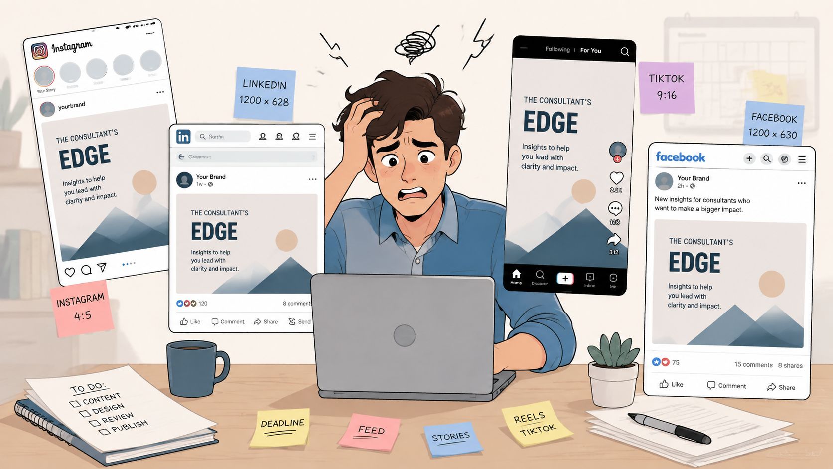 A stressed person working on a laptop surrounded by multiple social media content management platform interfaces.