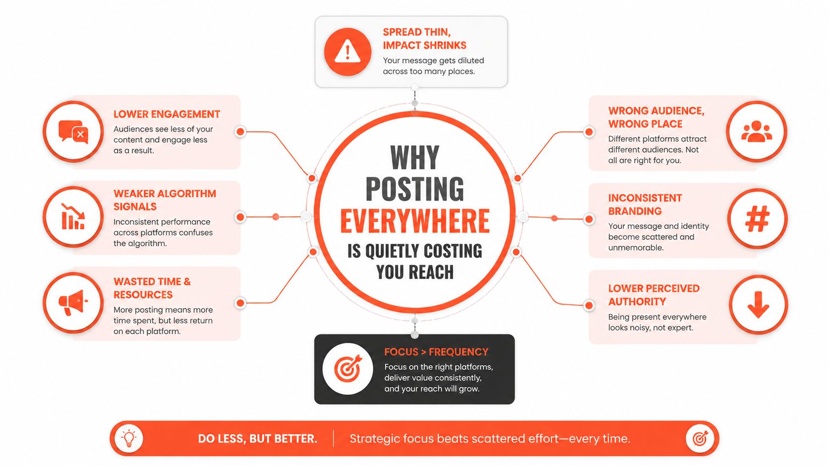 A diagram explaining why posting content everywhere reduces reach and suggesting a focused marketing strategy instead.