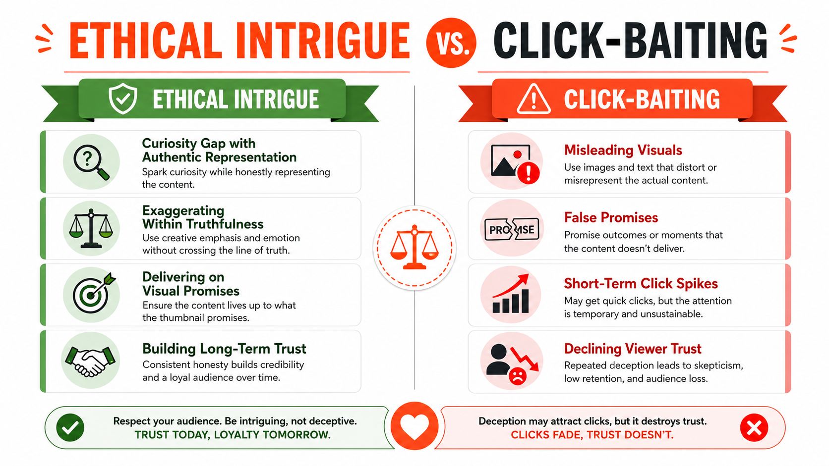A comparative infographic showing the differences between ethical intrigue and deceptive click-baiting techniques in content marketing.